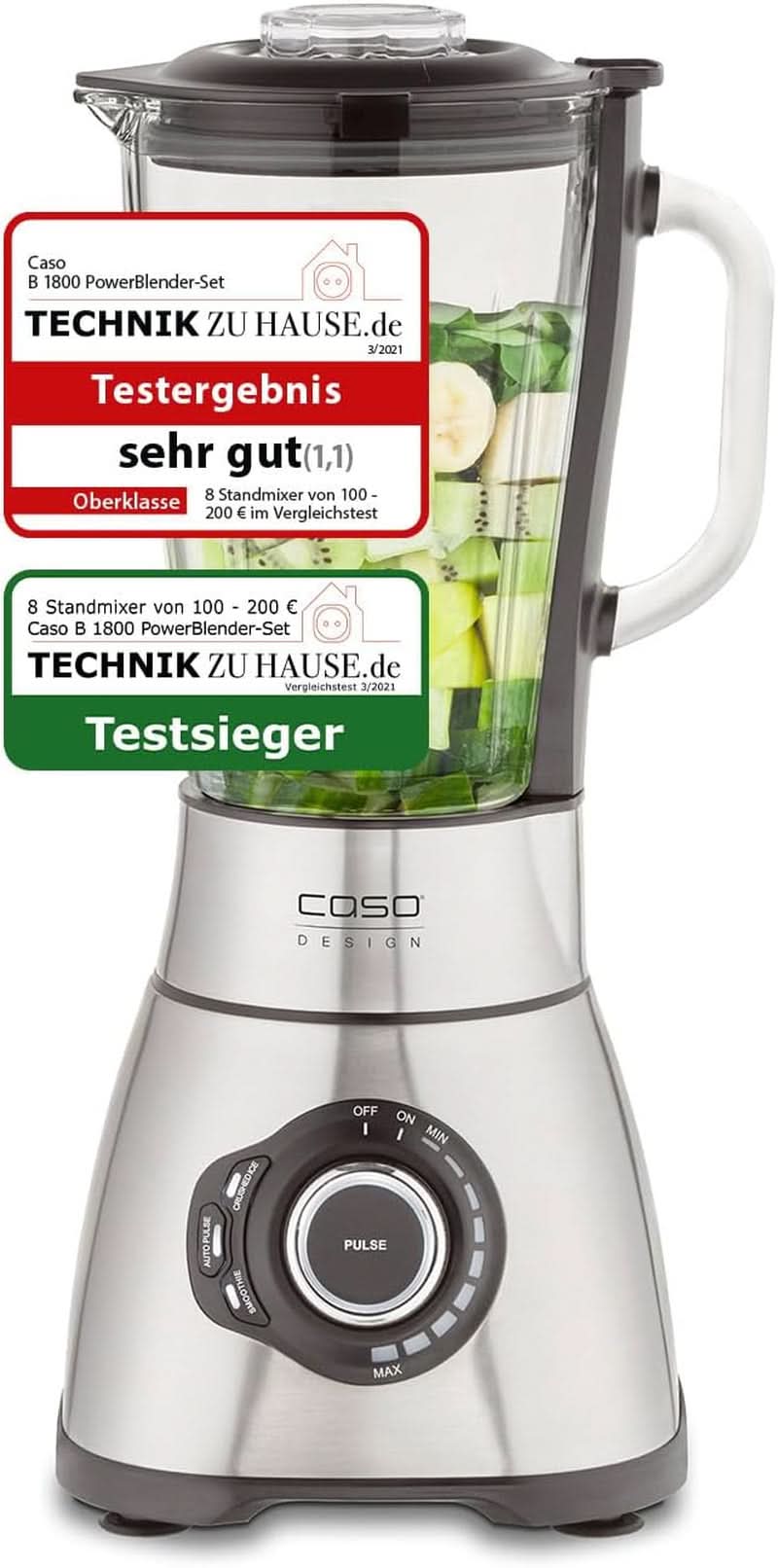 CASO B 1800 Powerblender-Set - Batteur sur socle, 28 000 U/Min, Glasbehälter 1,75 L, Inkl. Trinkflasche Und Zerkleiner, Mixer Testsieger Mit Sehr Gut, Edelstahl Naty Shop Standmixer + Zubehör
