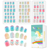 72 pièces d'ongles pré-collés pour enfants, couverture complète, paillettes, dégradé de couleur, nœud, ongles artificiels courts, excellent cadeau pour enfants filles, Nail Art - Paillettes arc-en-ciel
