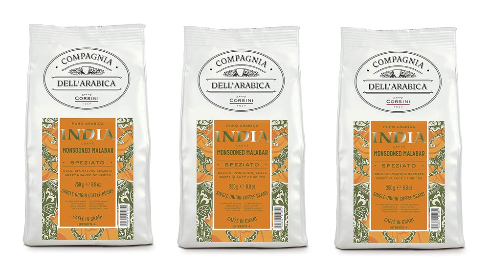 Caffè Corsini - Kaffeebohnen 3x250g Compagnia Dell'Arabica Indien Mousson Malabar, Einzelner Ursprung, Würzig, 750g Gesamt