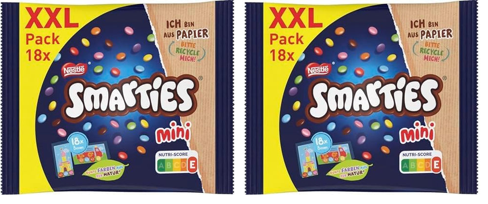 Pungi Nestlé SMARTIES Mini XXL, linte colorată cu ciocolată, ideale pentru a fi împărțite și gustate cu familia și prietenii, culori naturale, ambalaj reciclabil, pachet de 2 (1 x 259g)