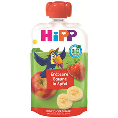 HiPP Sachet de fruits à presser bio avec fraises et bananes couleur pomme - Theo Tukan (8 x 100g), à partir de 1 an, 100% purée de fruits, sans sucre ajouté, végétalien, meilleure qualité biologique