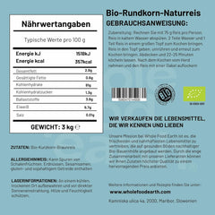 Wholefood Earth Riz brun à grains courts biologique 3 kg Source végétalienne de fibres sans OGM issue de l'agriculture biologique contrôlée