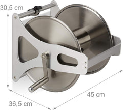 Relaxdays Enrouleur de Tuyau en Métal, Enrouleur de Tuyau Creux, Acier Inoxydable et Aluminium, Montage au Sol et Mural, 30,5x45x36,5cm, Argent