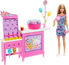 Barbie Mysteries: Beach Detectives Barbie Malibu Puppe und Zuckerwatte Spielstand Spielset mit 20 Zubehörteilen, inklusive Preise, JFV67