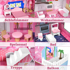 HENGMEI Puppenhaus Kinder Holz Puppenvilla Dollhouse Set Mädchen Spielset 3 Etagen Haus mit Möbeln und Zubehör, 70x30x100cm Puppenhäuser für Kinder (Typ B)