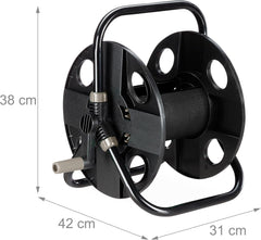 Enrouleur de tuyau Relaxdays, pour tuyau 30 m 1/2", acier, plastique, support de tuyau, HL : 38 x 42 x 31 cm, noir-gris