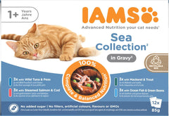 IAMS Delights Sea Collection Katzenfutter Nass - Multipack mit Fisch Sorten (Lachs, Thunfisch, Makrele, Seefisch) in Sauce, Nassfutter für Katzen ab 1 Jahr, 12 x 85g