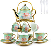Service à thé en céramique avec support en métal, 20 pièces, service à thé en porcelaine à motif floral vintage, service à thé de style européen pour 6 personnes, tasse à thé en céramique de 160 ml, théière de 700 ml, pour les fêtes