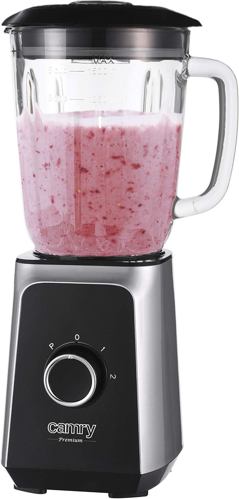 CR 4077 Batteur sur socle avec récipient en verre de 1,5 L, Smoothie Maker, Mélangeur haut, Mahlung, Eis-Zerkleinerung, Pulsfunktion, Edelstahlklingen, 2 Geschwindigkeiten, 1000W, Schwarz/Silber Kitchen Naty Shop