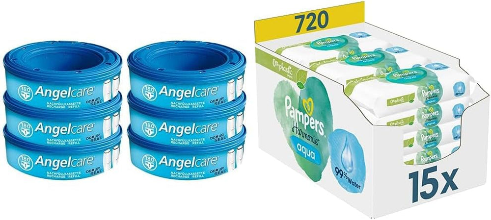 Boîte de recharge 2320 Plus 2017 (paquet de 6) et boîte de lingettes humides Pampers Harmony Aqua Baby, 720 lingettes (15 x 48), protection douce de la peau avec 99 % d'eau