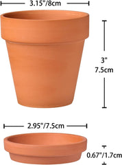 Hollyone Lot de 8 petites jardinières en terre cuite, pots ronds en argile de 8 x 8 cm avec plaque et trou de drainage, petites jardinières avec plateau, pots succulents en terre cuite pour plantes d'intérieur, jardinières en céramique