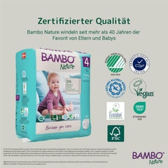 Scutece Bambo Nature pentru bebeluși, mărimea 4 (7-14 kg), 144 buc., cutie lunară | Scutece premium cu protecție îmbunătățită împotriva scurgerilor | Confort și libertate supreme pentru copiii activi | Scutece testate dermatologic