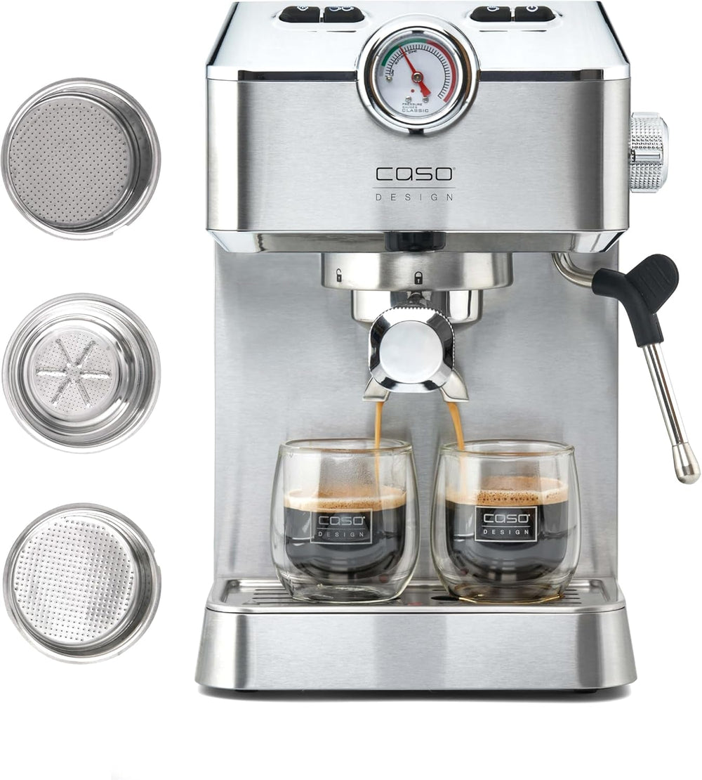 Caso Espresso Gourmet - Machine à expresso porte-filtre en acier inoxydable, puissante pompe Ulka 19 bars, avec mousseur à lait, pour café moulu ou capsules de café ESE, pour 2 tasses, avec chauffe-tasses