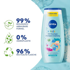 Gel douche, shampoing et après-shampooing NIVEA KIDS 3en1, soin et nettoyant pour enfants au parfum magique de pomme, soin extra doux et sans savon pour les cheveux et la peau des enfants (250 ml) Enfants - Bain et Soin Naty Shop