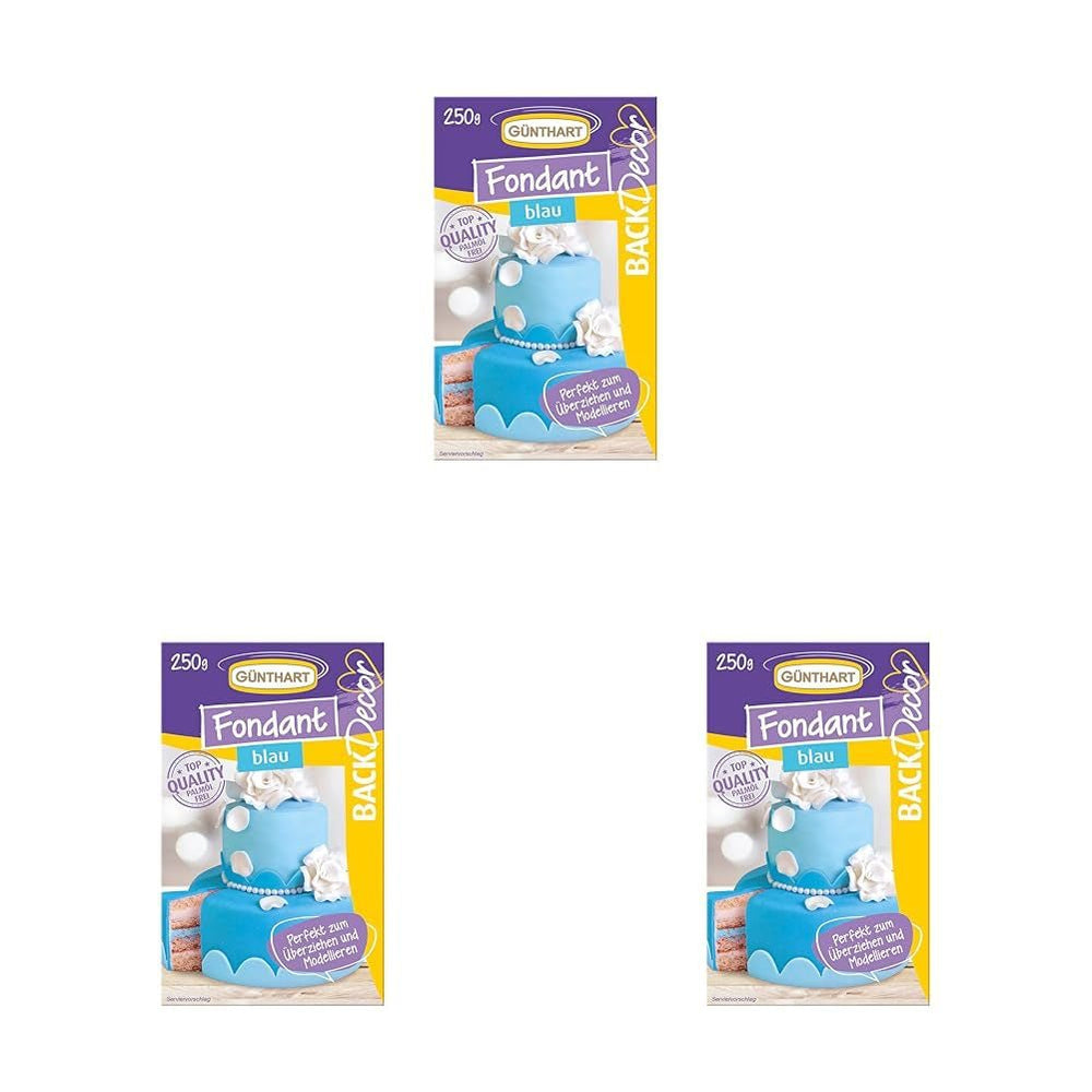 Günthart BackDecor 250g Fondant Bleu 100% Vegan Sans Huile de Palme Indéchirable pour Recouvrir Gâteaux et Pâtisseries Adapté au Modelage Pack de 3 (1 x 250g) Naty Shop Sugarpaste Blue 250G (Pack de 3)