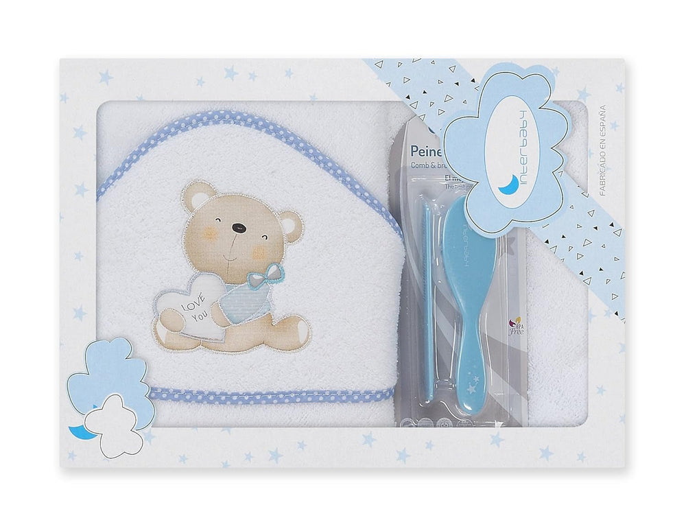 Interbaby P1177-11 Serviette de bain à capuche pour enfant LOVE YOU blanc et bleu avec peigne et brosse, bleu Enfants - Bain et soin Naty Shop Default title