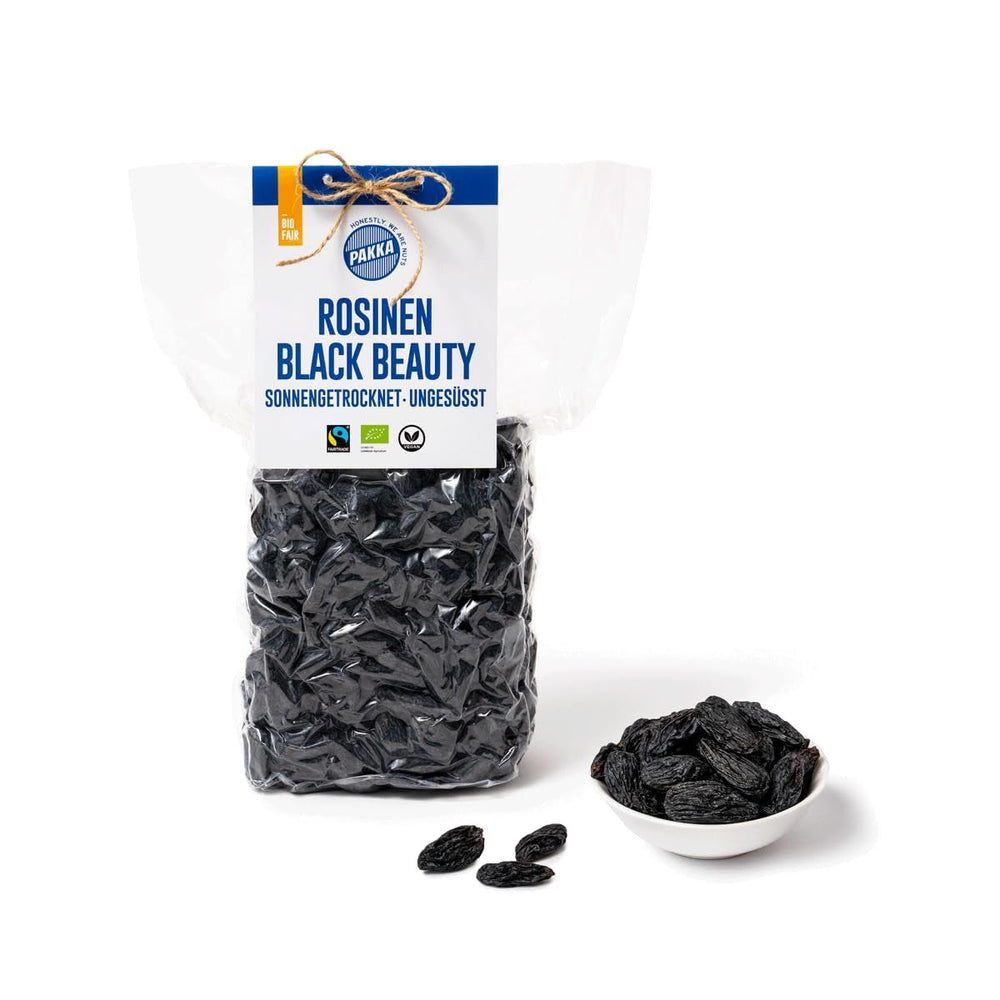 PAKKA - Raisins secs Black Beauty Bio Fairtrade 600gr, raisins noirs bio, sans pépins, séchés au soleil, sans huile, donc collants, sans soufre, directement des petits agriculteurs de Samarkand en Ouzbékistan Produits déshydratés Naty Shop Variante 1 : 600 G (pack de 1)