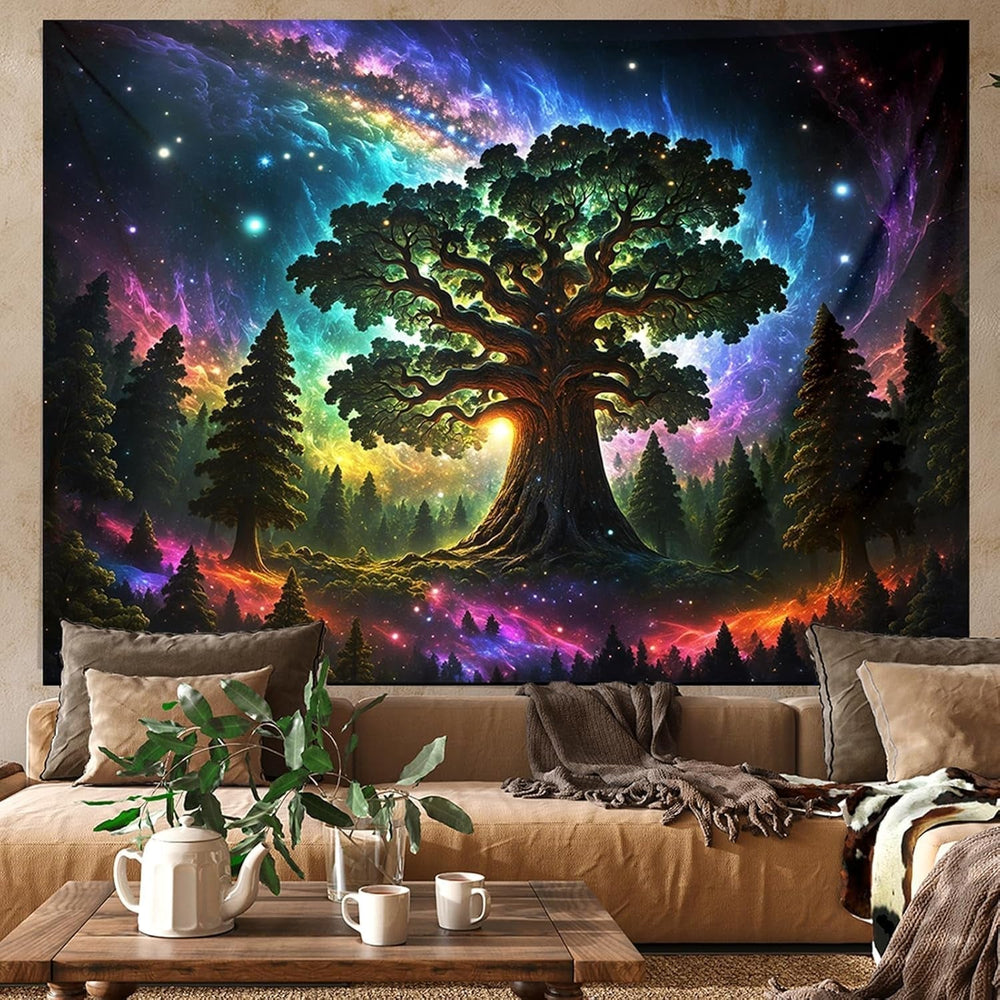 Tapisserie lumière noire forêt psychédélique nature arbre étoiles galaxie Maison - Accessoires et Décorations Naty Shop 300L X 180B Cm