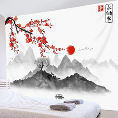 Tapisserie japonaise toile fleurs de cerisier rouge soleil mur Maison - Accessoires et Décorations Naty Shop