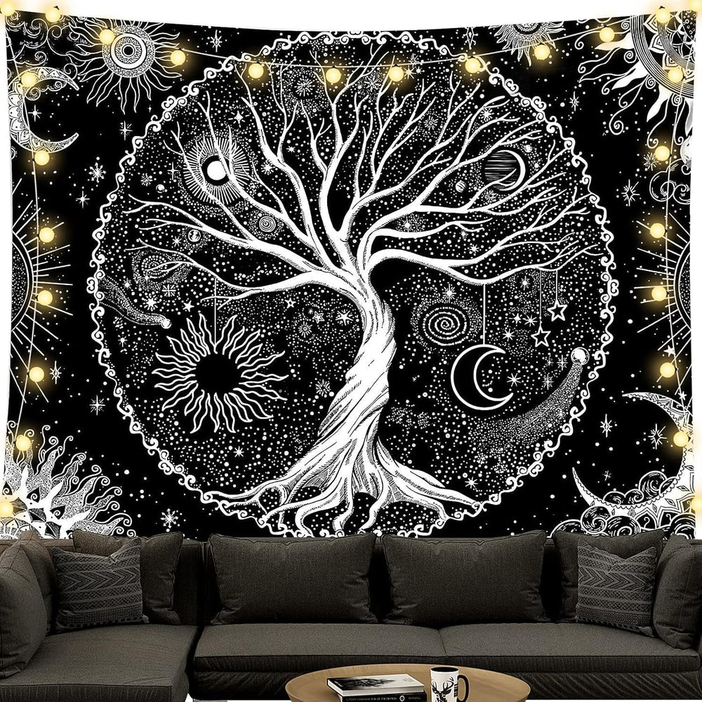 Tapiserie negru alb copac viata tapiserii faze luna Casa - Accesorii si Decoratiuni Naty Shop Copacul vieții 200L X 150B Cm