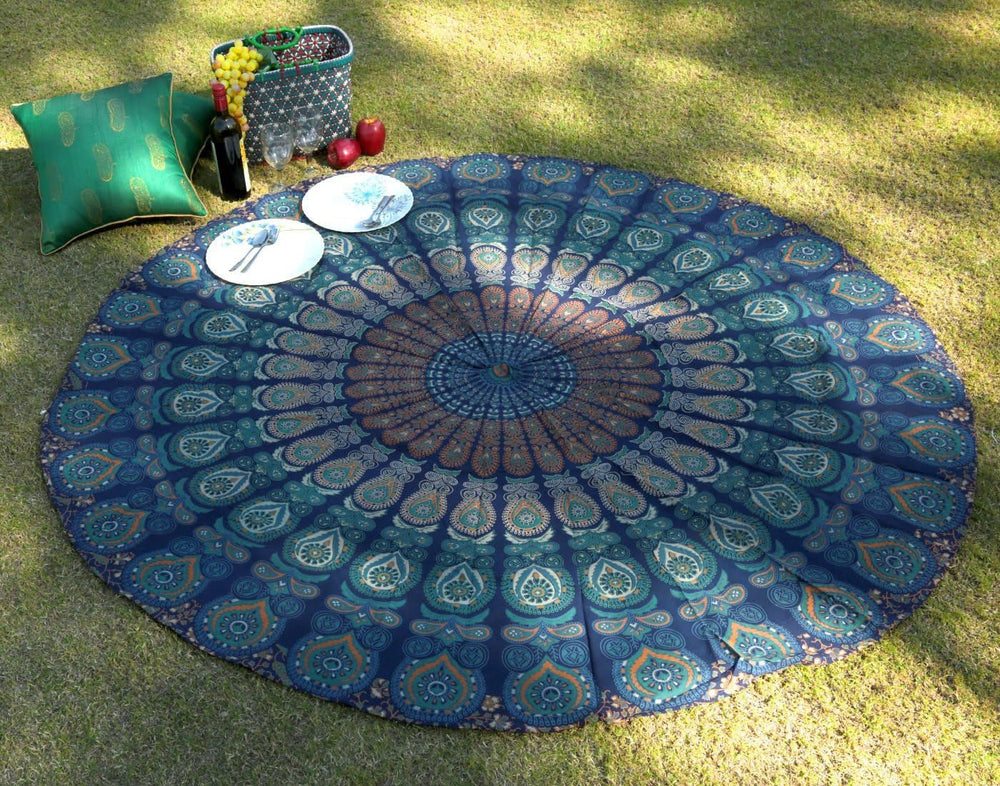 Tapisserie ronde paon mandala centimètres roundie visage hippie Accueil - Accessoires et Décorations Naty Shop Bleu vert 122L X 122B Cm