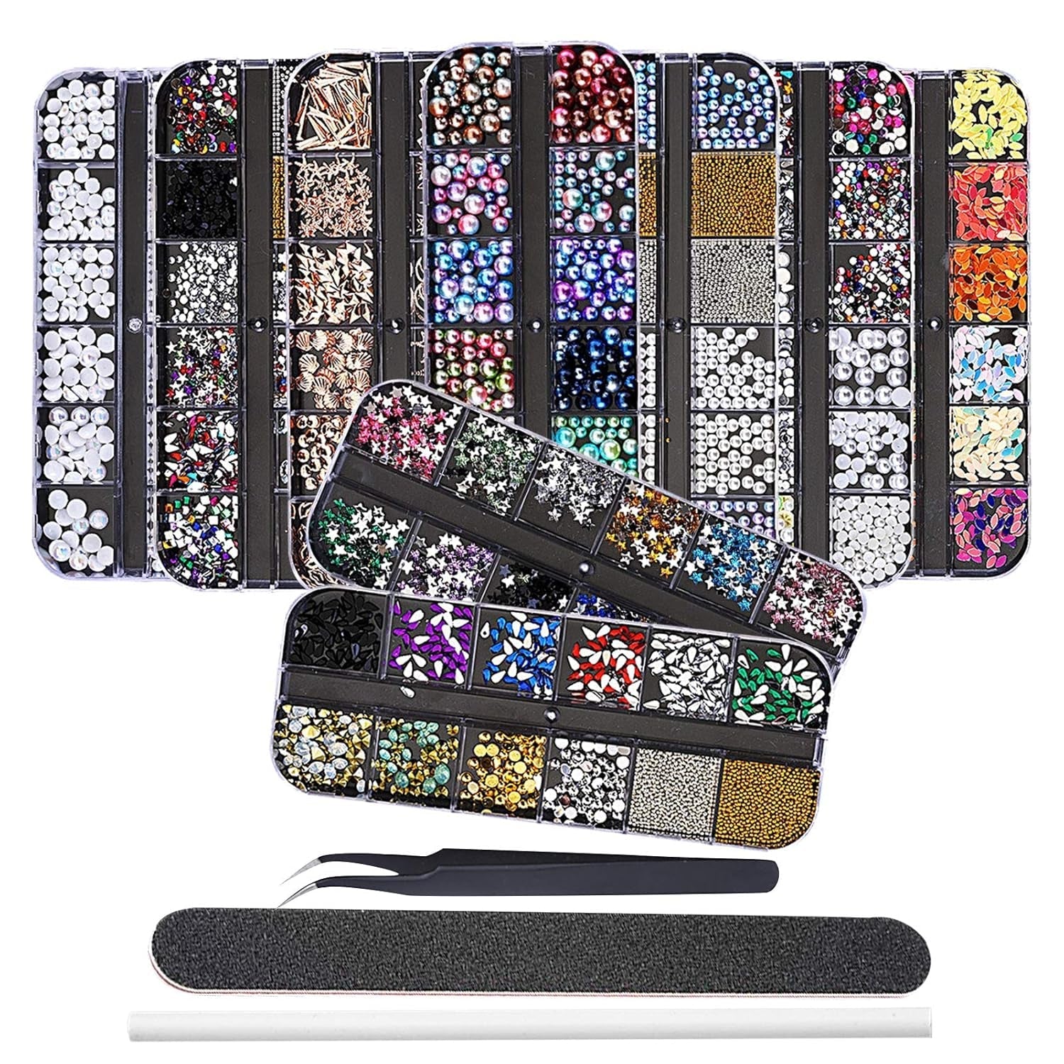 EBANKU Nail Art Strass Kit Multi Design Zubehör Mit 1 Pinzetten 1 Stück Wachsstifte Deko Diamanten Kristalle Perlen Edelsteine ​​​​Bunt Pferdeaugen Strass Metall Nieten Für Nagel DIY (1 Stück (10Er Pack))