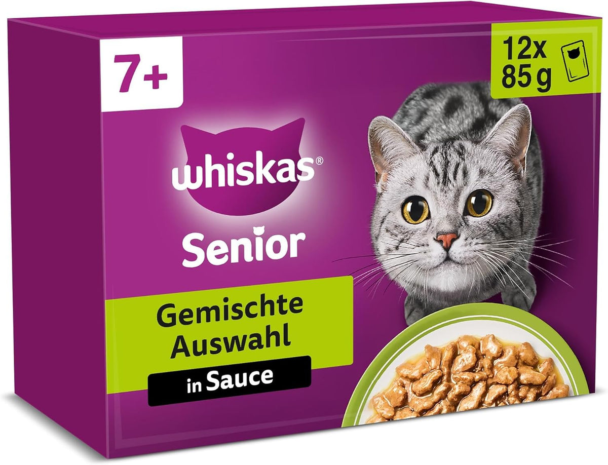 Whiskas Senior 7+ Nourriture humide Sélection mixte en sauce, 48 sachets, 12x85 g (lot de 4) - Nourriture humide de haute qualité pour chats de 7 ans et plus