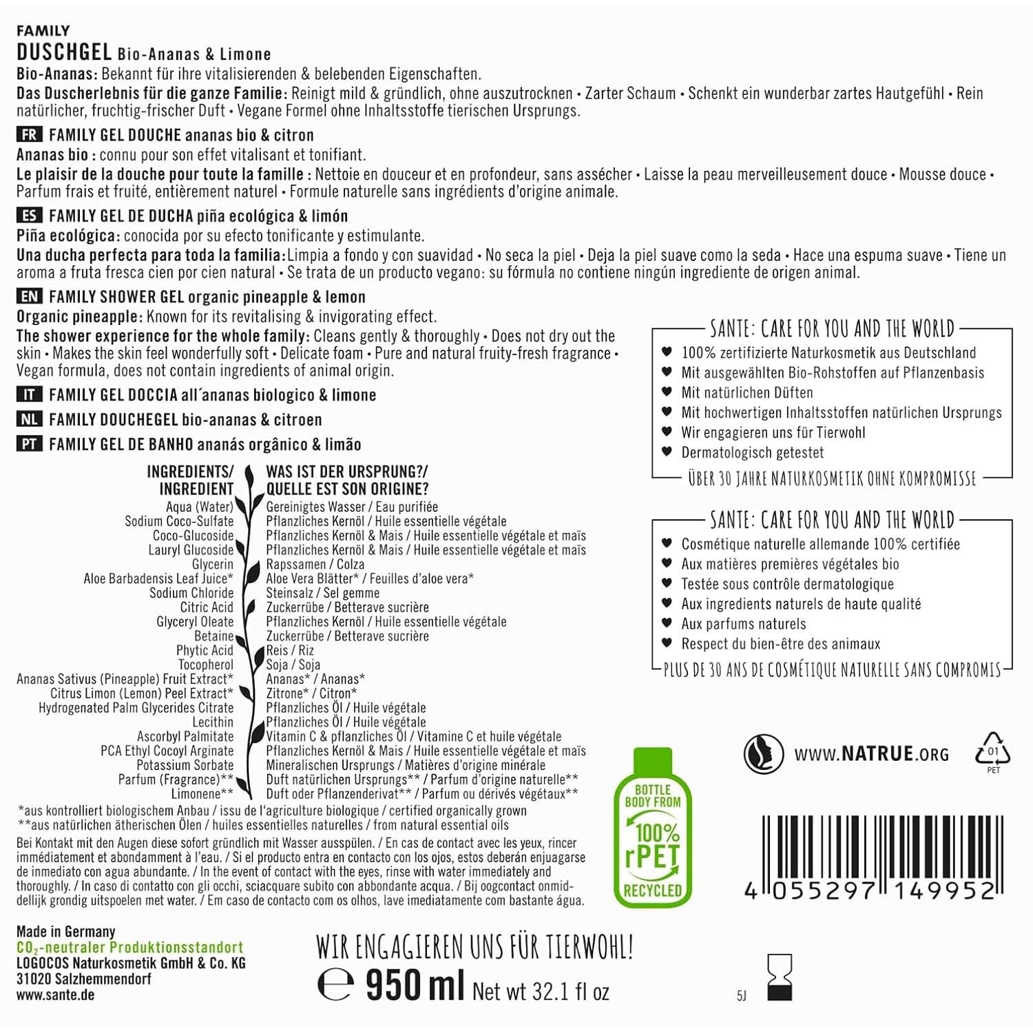 SANTE Natural Cosmetics Gel douche rafraîchissant au parfum d'agrumes, 950 ml Douche et bain Naty Shop