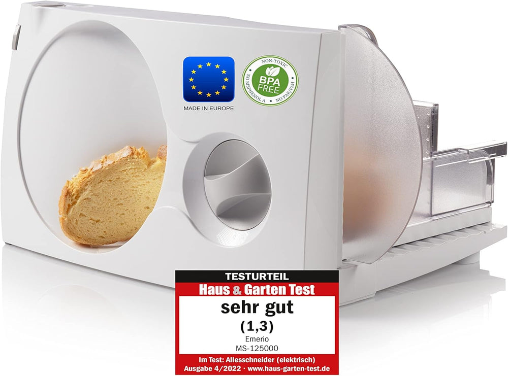 Trancheuse tout usage Emerio "Made in EU" MS-125000, lame en acier inoxydable fabriquée en Allemagne, réglable 0-17 mm, 100 W Broyeurs et trancheurs Naty Shop Single White