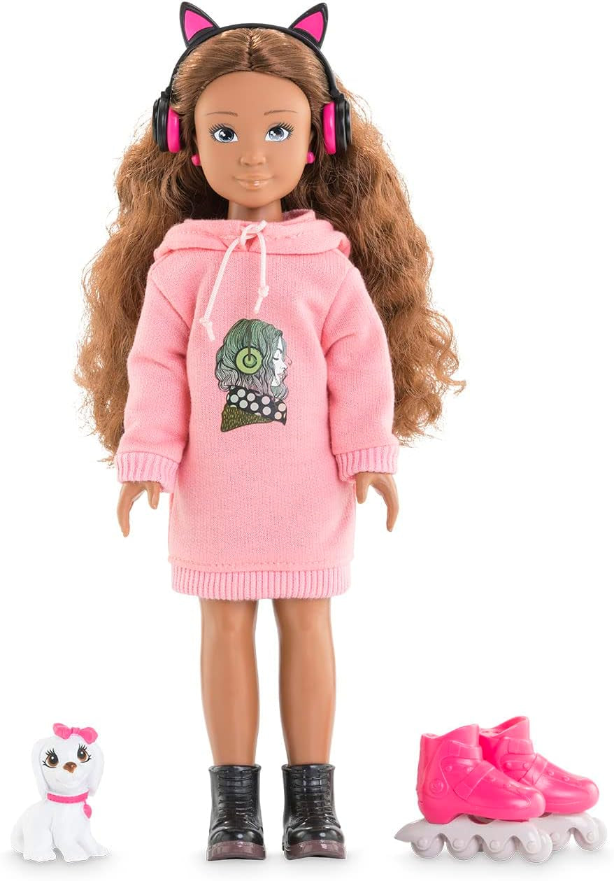 Corolle 9000600030 - Girls Luna Einhorn Set, Ankleidepuppe im Sommeroutfit mit Hund, mit Haarband, Ohrringe und extra Gummistiefel, 28cm Spielpuppe mit Vanilleduft, ab 4 Jahren