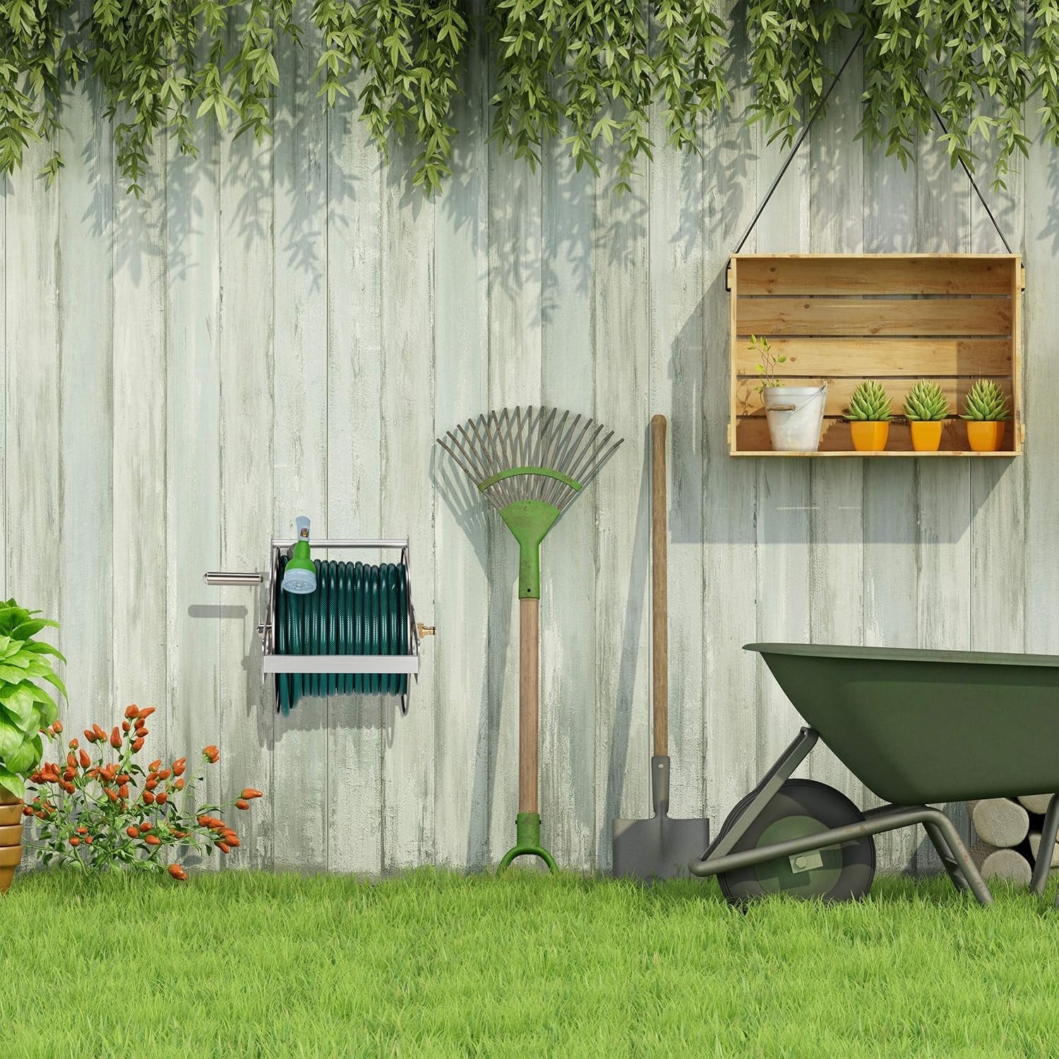 Relaxdays Rolă metalică pentru furtun, înfășurare furtun goală, oțel inoxidabil și aluminiu, montare pe podea și perete, 30,5x45x36,5 cm, argintiu