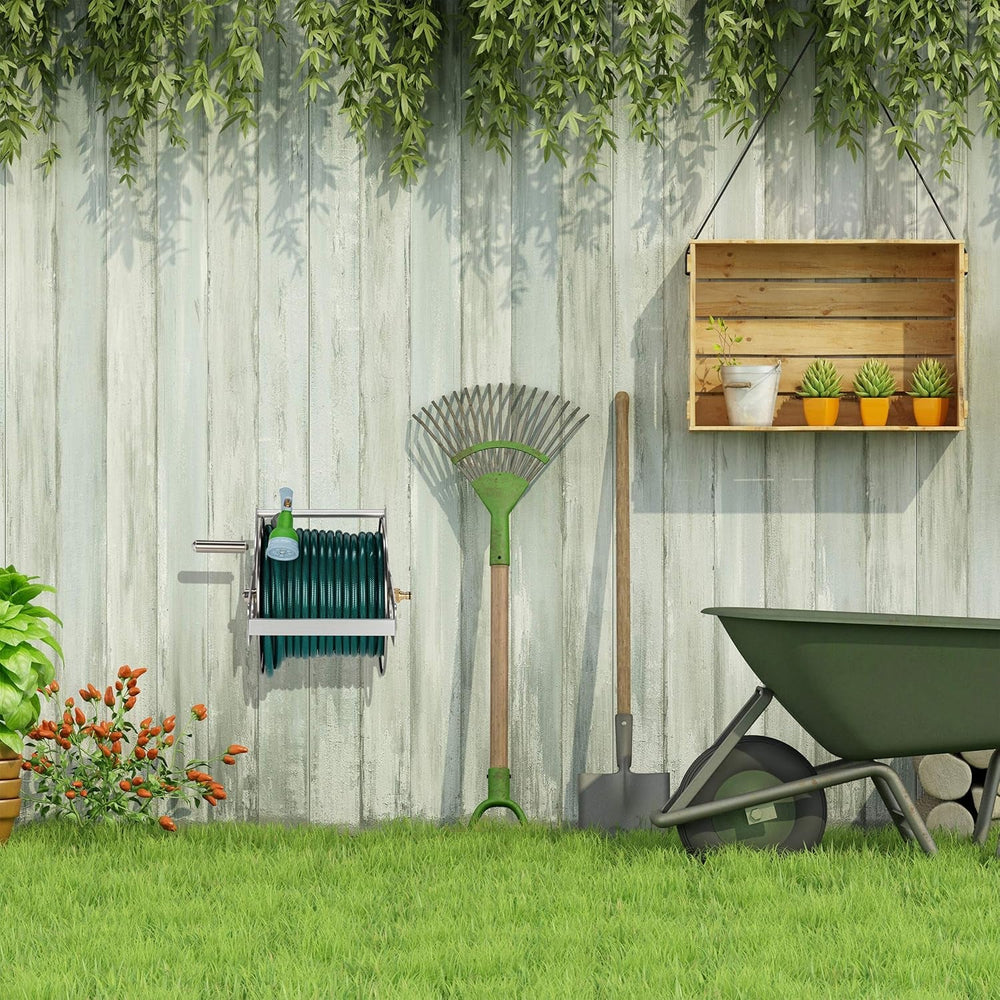 Relaxdays Rolă metalică pentru furtun, înfășurare furtun goală, oțel inoxidabil și aluminiu, montare pe podea și perete, 30,5x45x36,5 cm, argintiu