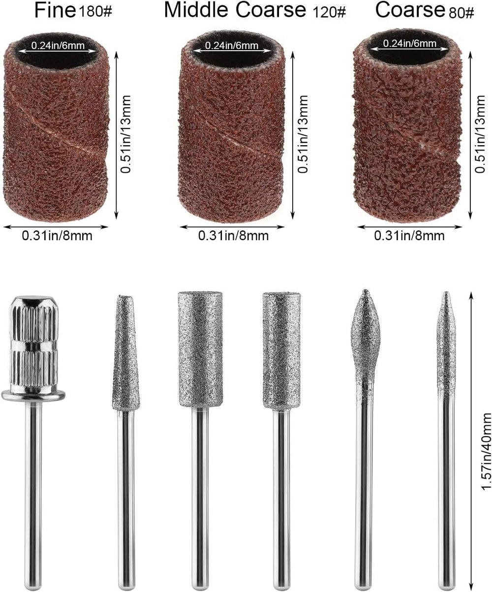 MWOOT Forets à ongles diamantés pour limes à ongles électriques avec manchons de meulage Bandes de meulage Mèches à ongles Accessoires pour ongles artificiels Dissolvant de cuticules