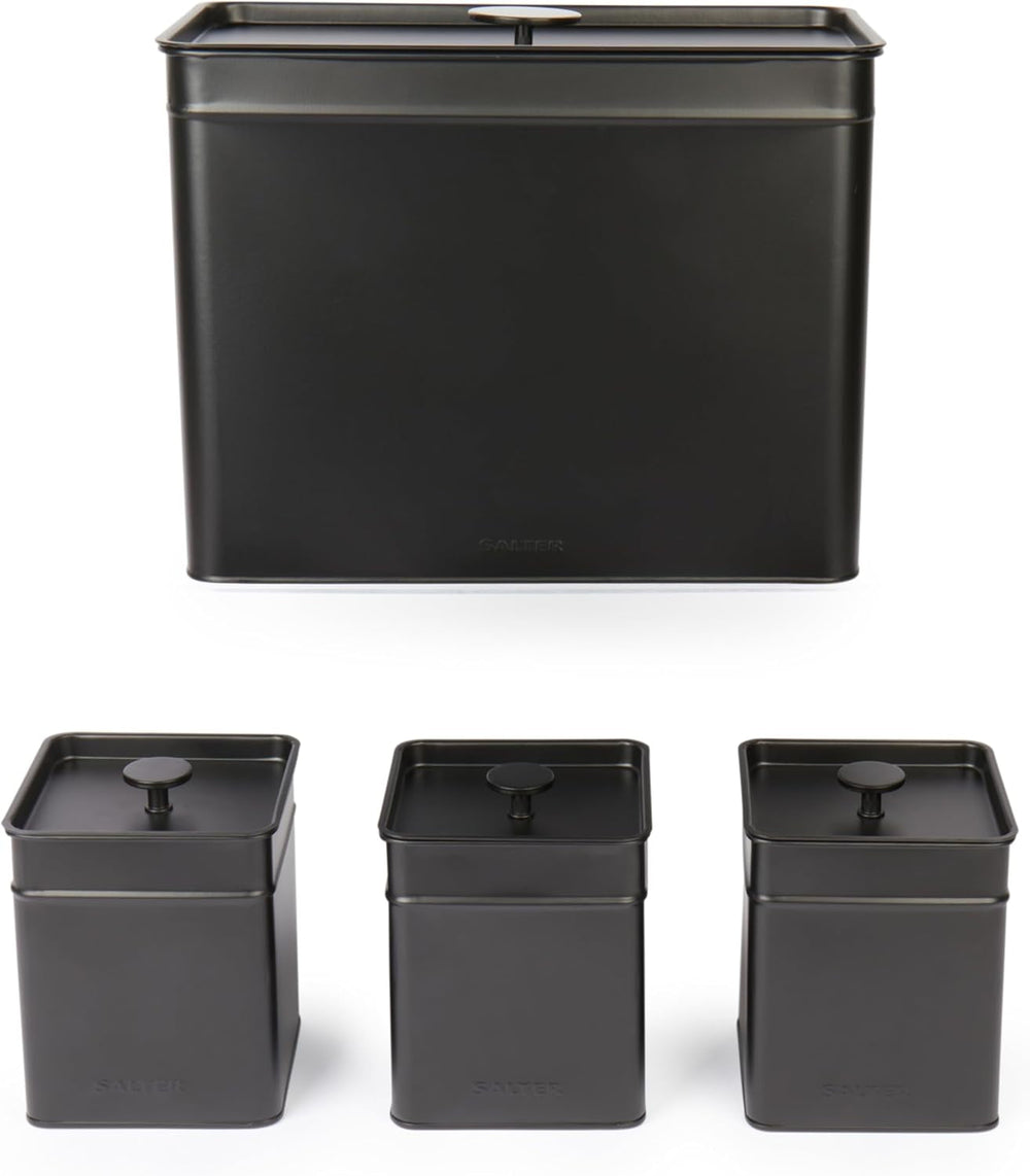 Salter BW12614EU7 Kuro Boîte de Rangement - 4 Récipients de Cuisine Pain/Thé/Café/Sucre Boîtes de Rangement Carrées Facile à Nettoyer Garder Les Aliments Frais Noir Boîtes de Rangement des Aliments Naty Shop