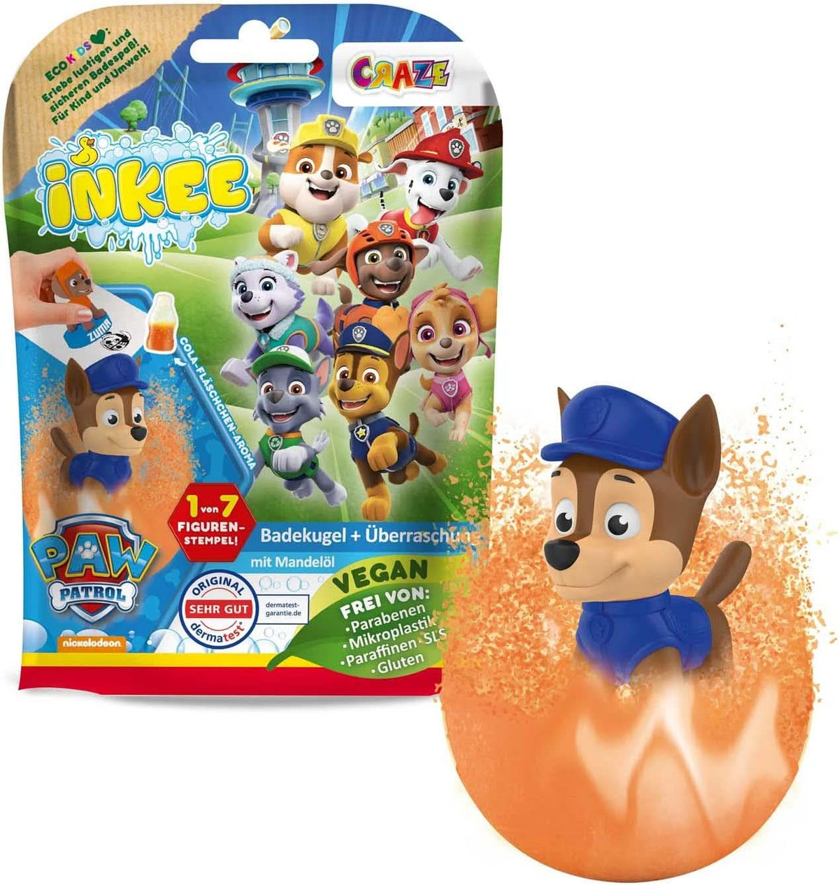 INKEE SURPRISE PAW PATROL, Bombe de bain pour enfants avec surprise, saveur cola, effet mousse, 80 grammes Douche et bain Naty Shop Produit Original