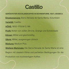Café spécial Bohnen 100 % Arabica naturel Mittlere Röstung Gewaschener Prozess Zitrus Schokolade Karamell Schattenanbau Sierra Nevada (250 g, Castillo)