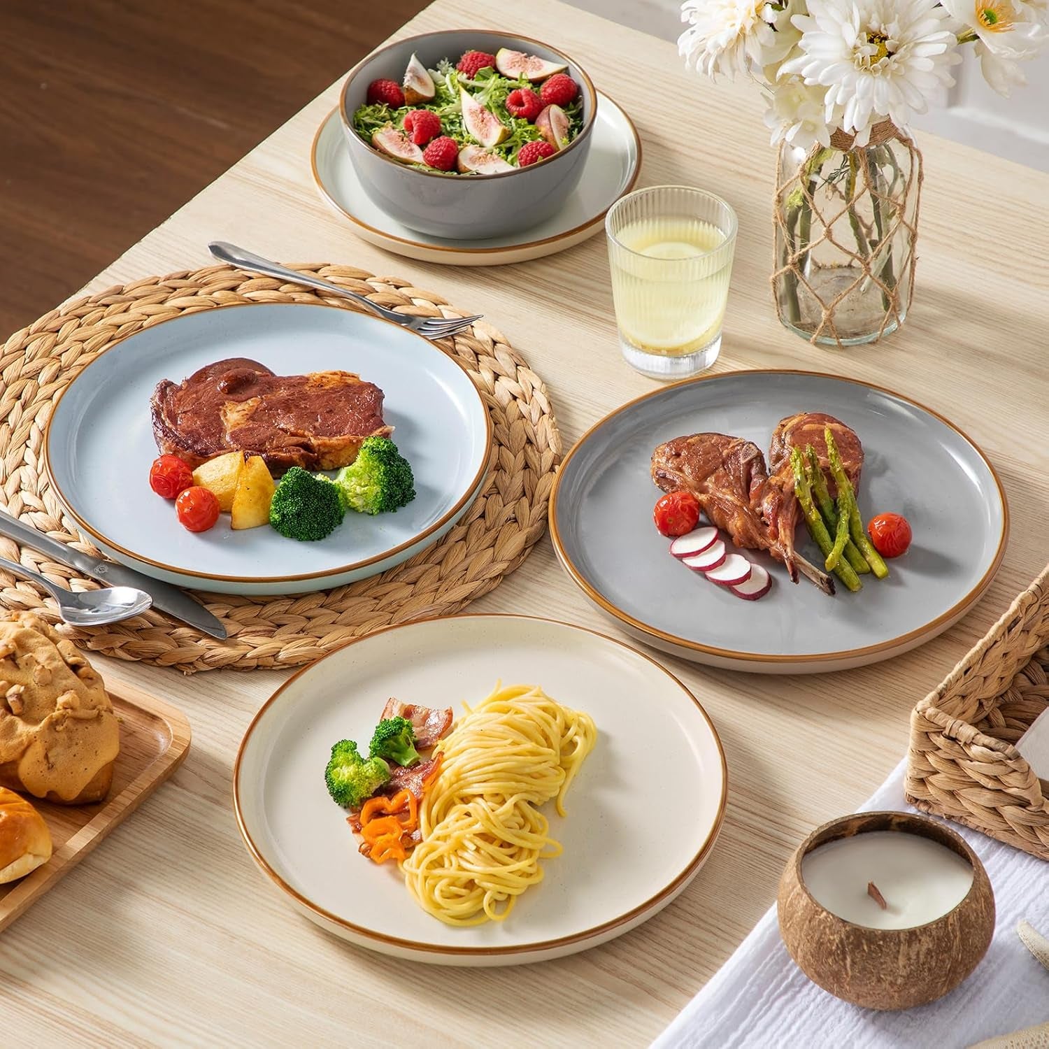 Ensemble de cuisine pour 6 personnes, vancasso RENO 24-tlg Steingut Teller Set Mix, Tafelservice mit je 6 Speiseteller, Dessertteller, Suppenteller, Müslischalen, Spülmaschinenfest & Mikrowellengeeignet, Mehrfarbig