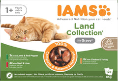 IAMS Delights Land Collection Nourriture humide pour chats - Multipack avec variétés de viandes (agneau, bœuf, poulet et dinde) en sauce, nourriture humide pour chats à partir de 1 an, 12 x 85g