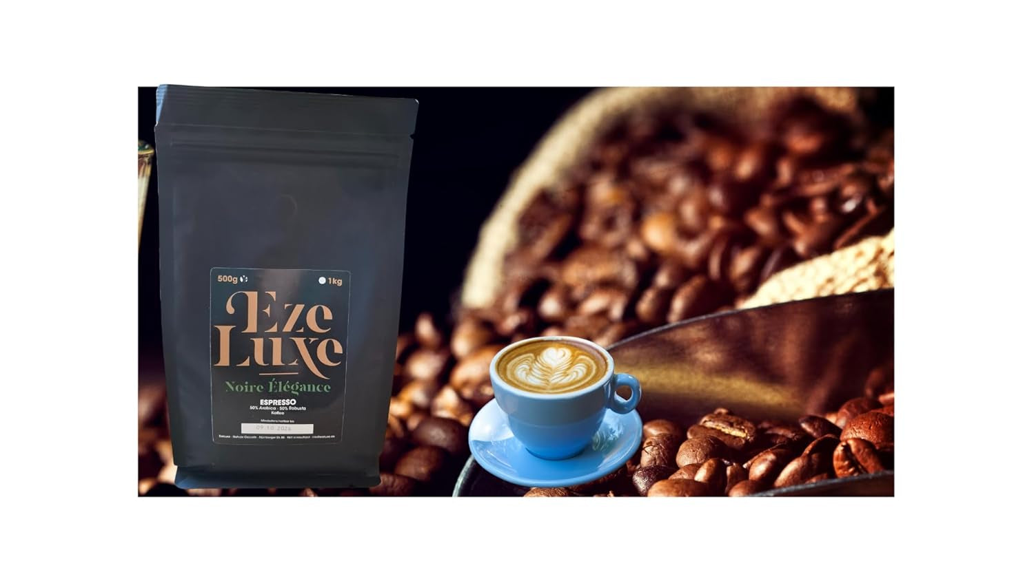 Café Espresso Noire Elégance 1kg - 50% Arabica et 50% Robusta/Brésil et Inde - torréfaction moyenne, fort et crémeux, chocolat noir - intensité 8 - machine à expresso offerte