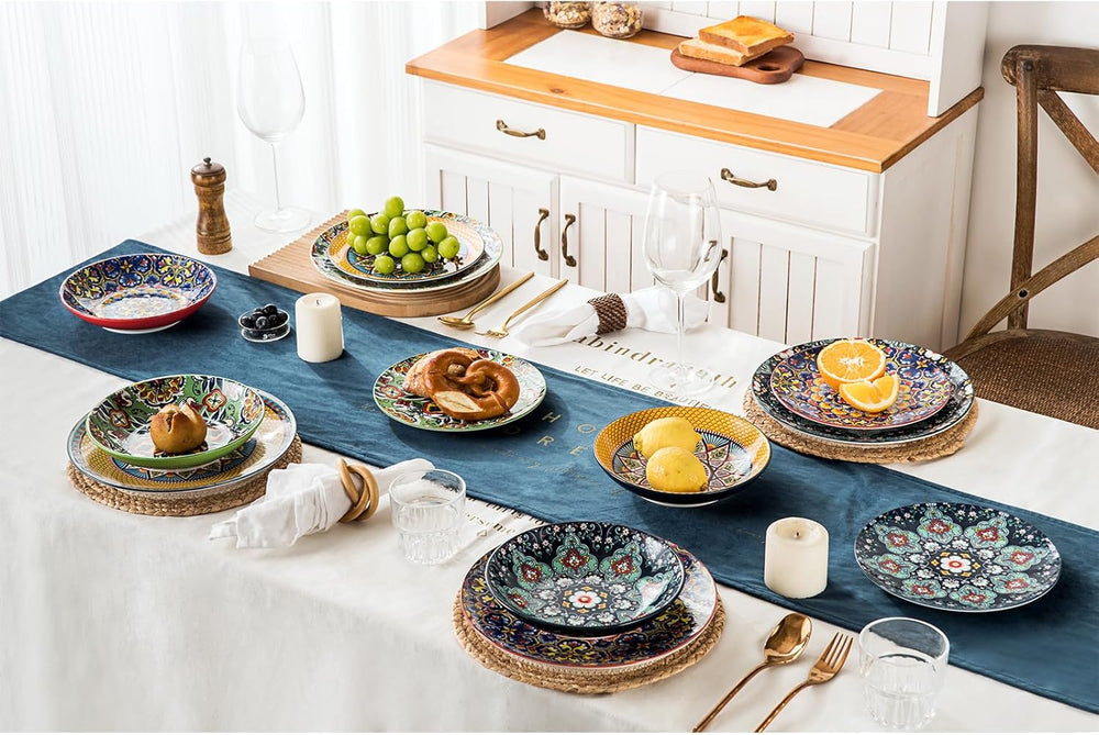 HENXFEN LEAD Service de table en porcelaine, service de table 12 pièces pour 4 personnes, service de table coloré pour 4 personnes – assiettes peintes à la main, assiettes à dessert, assiettes creuses – Style bohème