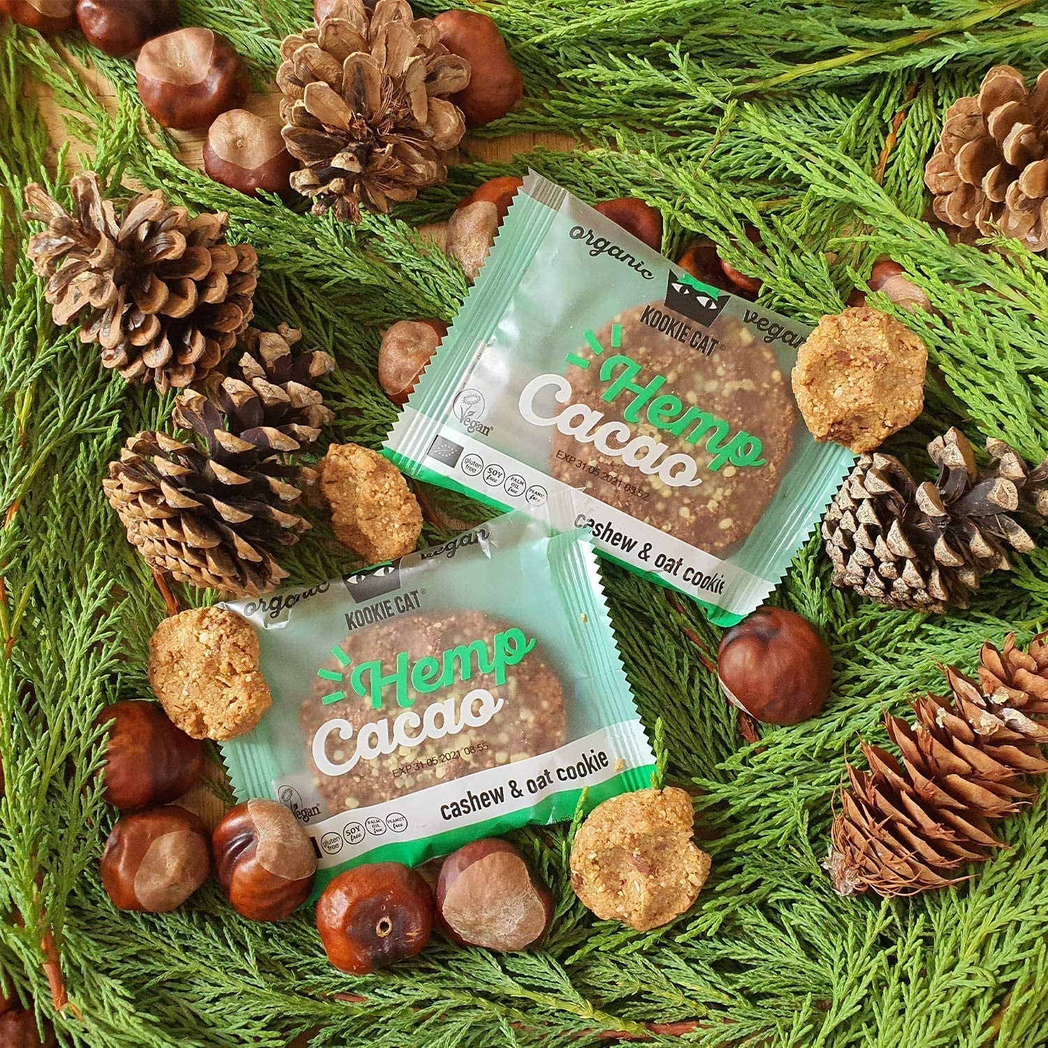 Graines de chanvre et cacao – Biscuits végétaliens aux noix de cajou et à l'avoine, emballés individuellement, sans gluten, sans soja, biologiques – 12 x 50 g Multipack