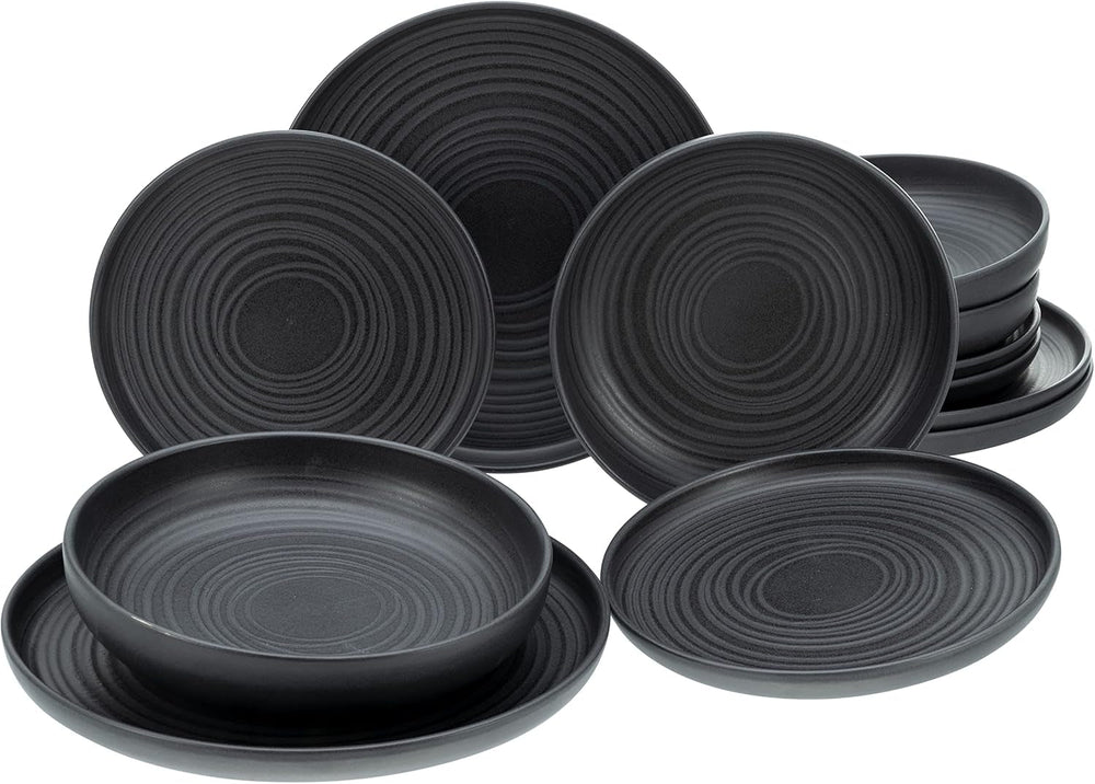 Creatable, 22979, Serie Uno NOIR, 12-Teiliges Geschirrset, Teller Set Aus Steinzeug, Spülmaschinen- Und Mikrowellengeeignet, Made in Portugal Vaisselle Sets Naty Shop Black Lava Stone Tafelservice 12 Teilig
