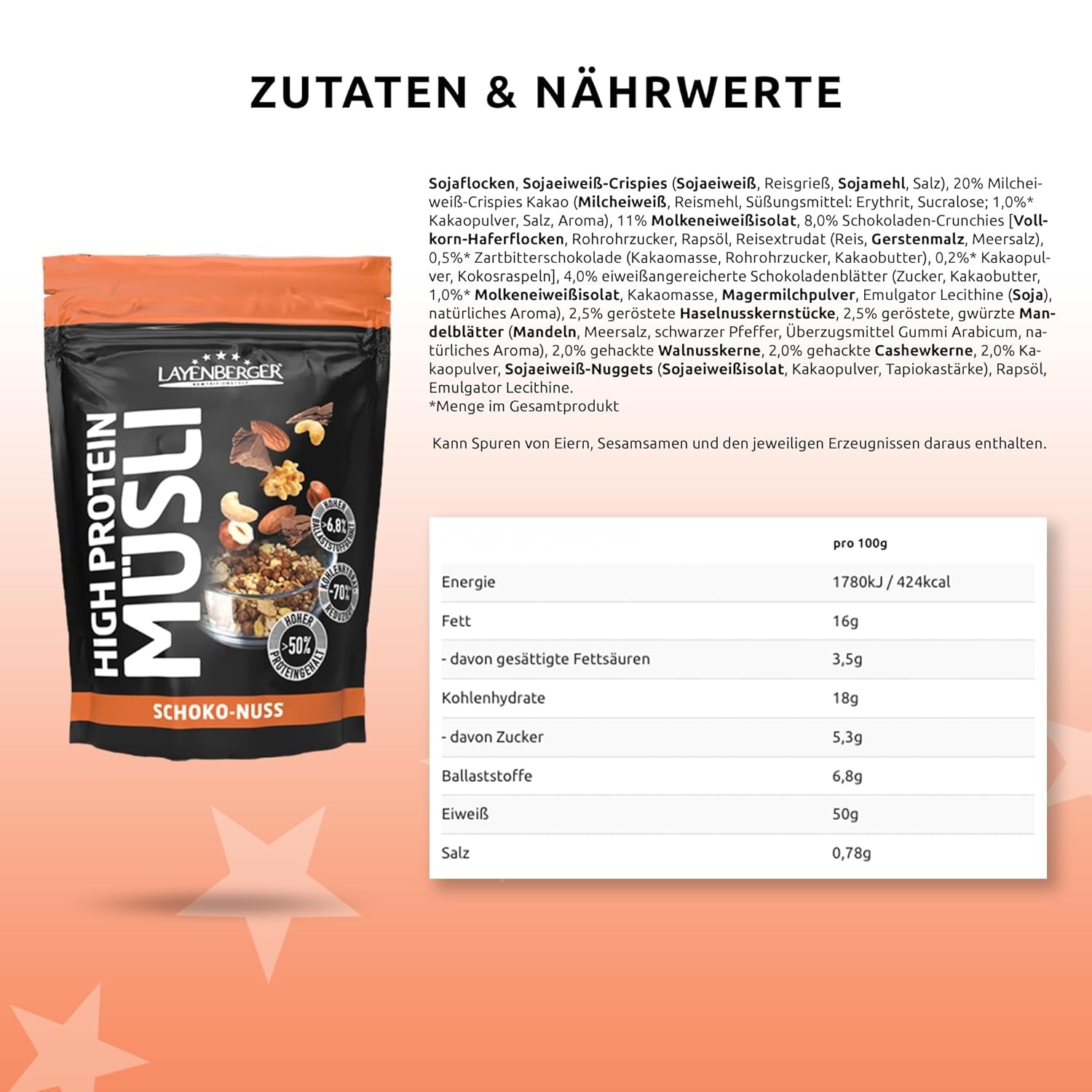 Layenberger 3K Muesli riche en protéines, 50 % d'œufs blancs et 18 % de Kohlenhydrate - Emballage individuel (1X 390 G) - Schoko-Nuss Cereale Naty Shop