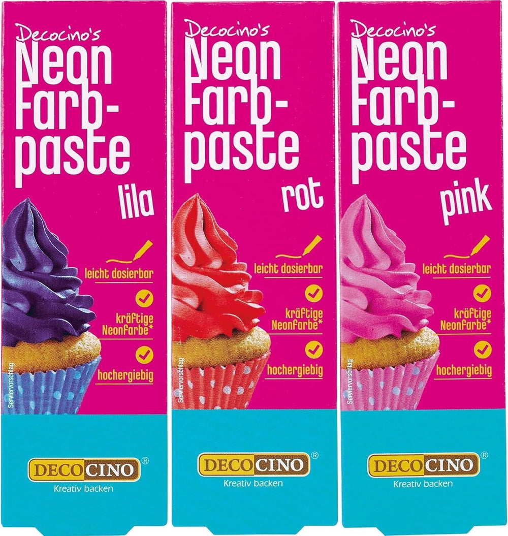 Decocino Neon Colorant Alimentaire Set - 3 Pièces - Rouge, Rose, Violet - Colorant Alimentaire Haute Dose - Pour Colorer Gâteaux, Muffins, Cupcakes - Sans Goût