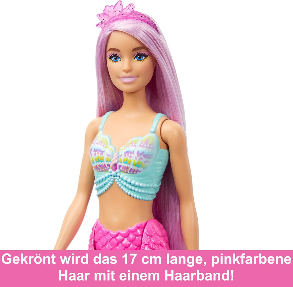 Poupée Barbie Sirène - avec de longs cheveux roses et des accessoires de coiffure individuels, dont une brosse, une jolie pointe festonnée et une nageoire caudale rose, à partir de 3 ans, HRR00