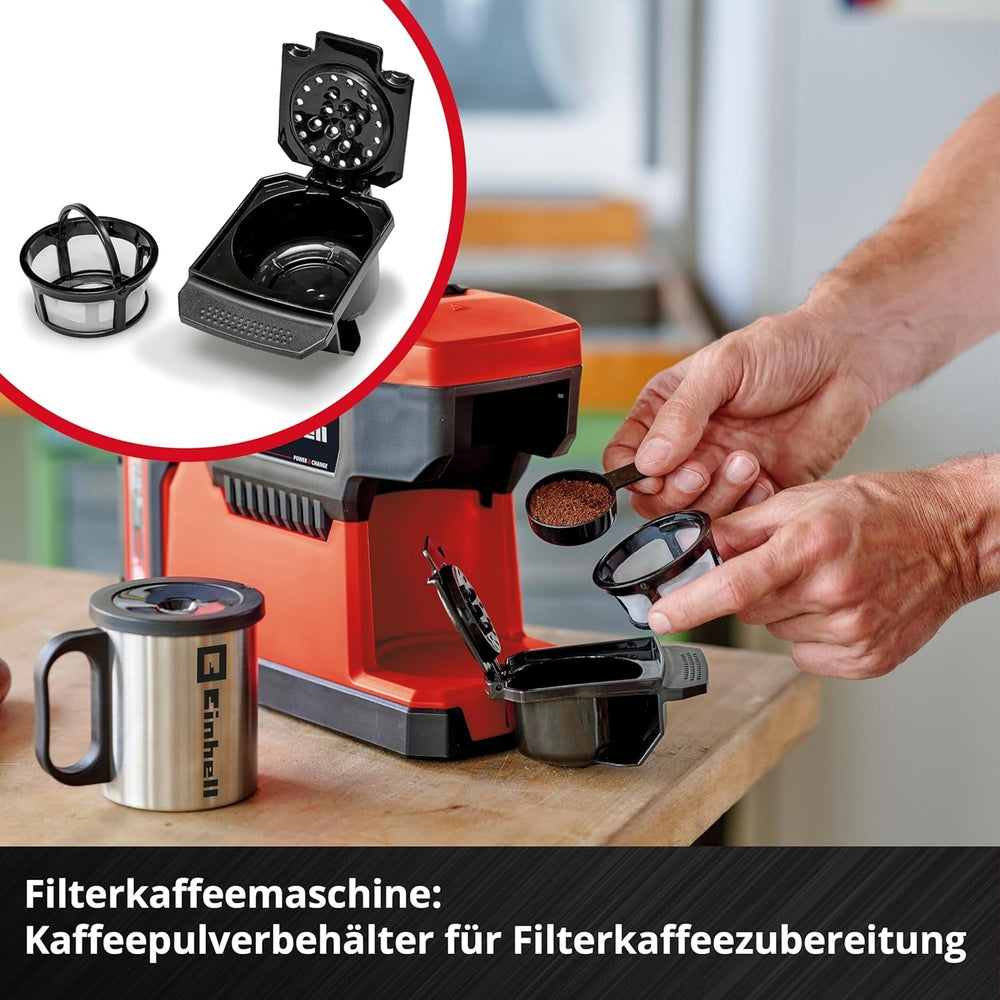 Machine à expresso sans fil Einhell TE-CF 18 Li-Solo Power X-Change (18 V, réservoir d'eau 240 ml, pour café filtre et capsules de café, poignée de transport, avec tasse à café avec couvercle, sans batterie)