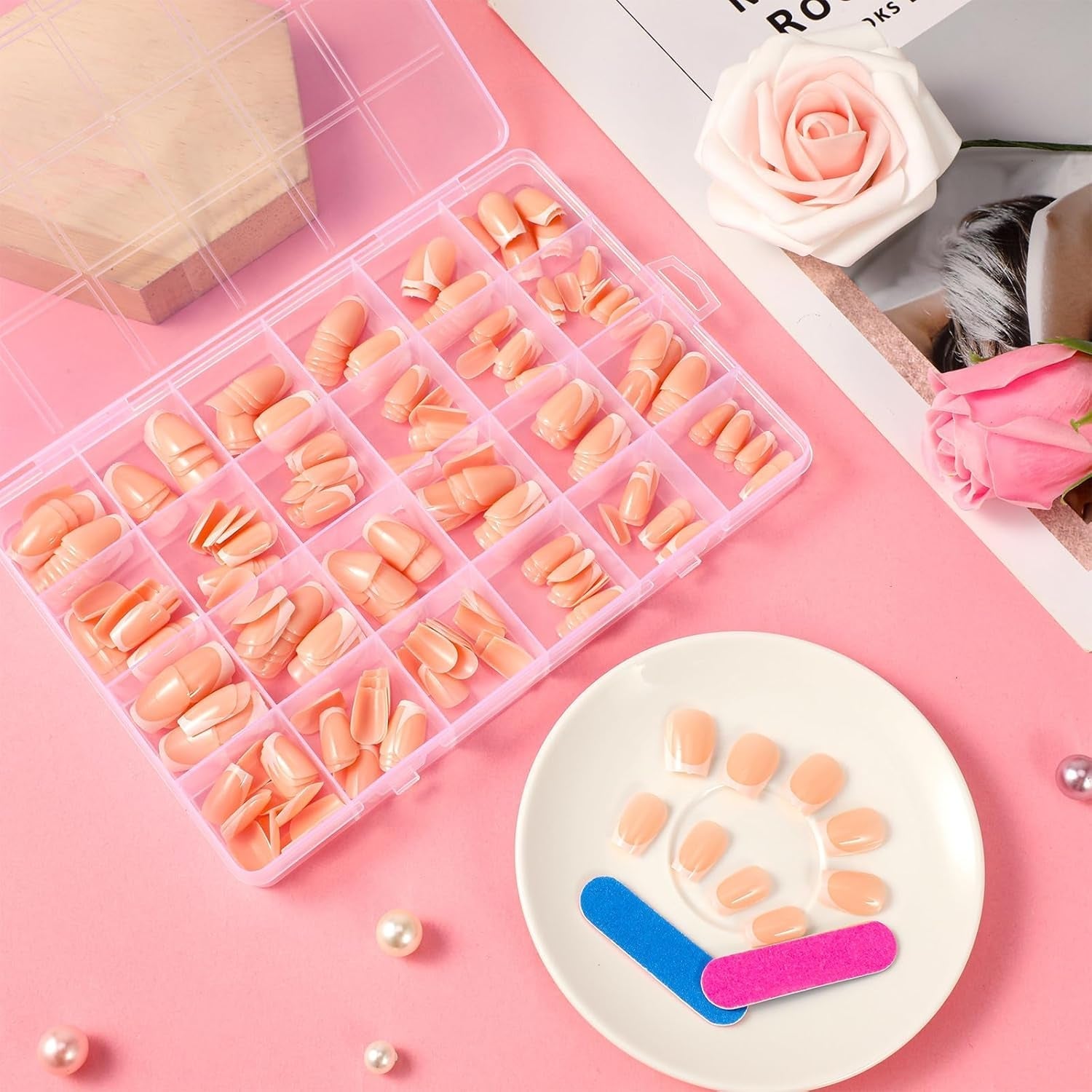 360 pièces d'ongles artificiels français, faux ongles rectangulaires moyens avec fausse lime à ongles, pointes naturelles à presser pour dames et femmes