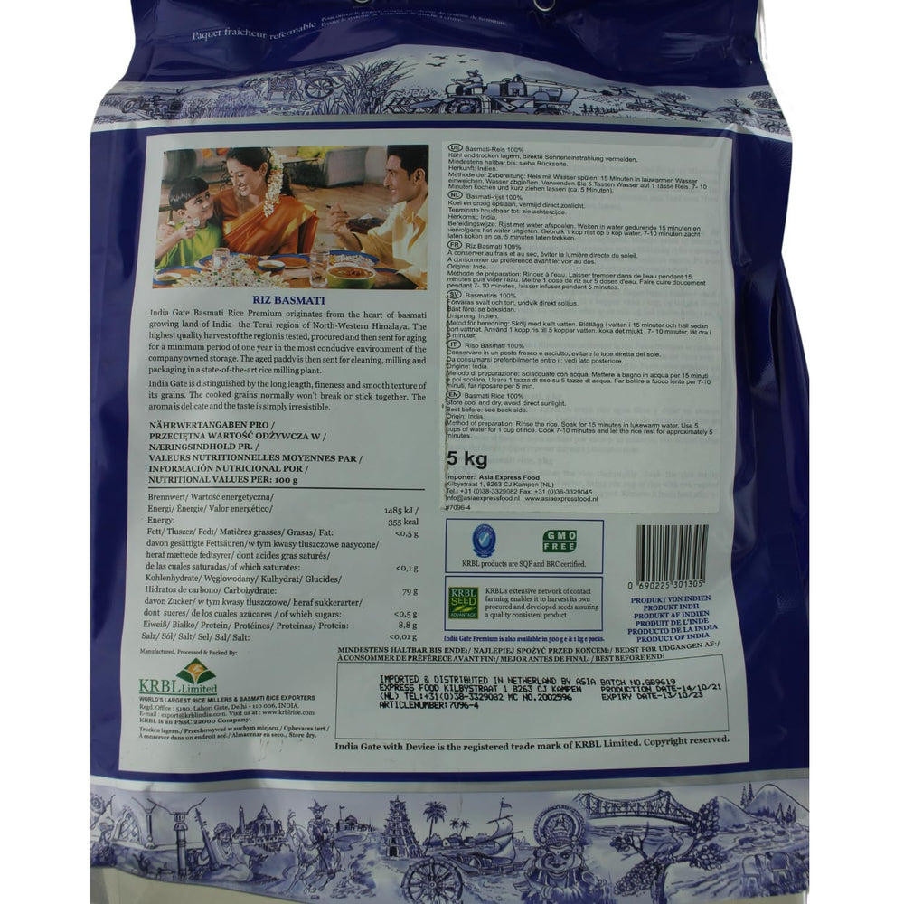 INDIA GATE Premium Basmati Rice – Riz fin à grains longs, aromatique, d'Inde, à grains longs fins (1 x 5 kg)