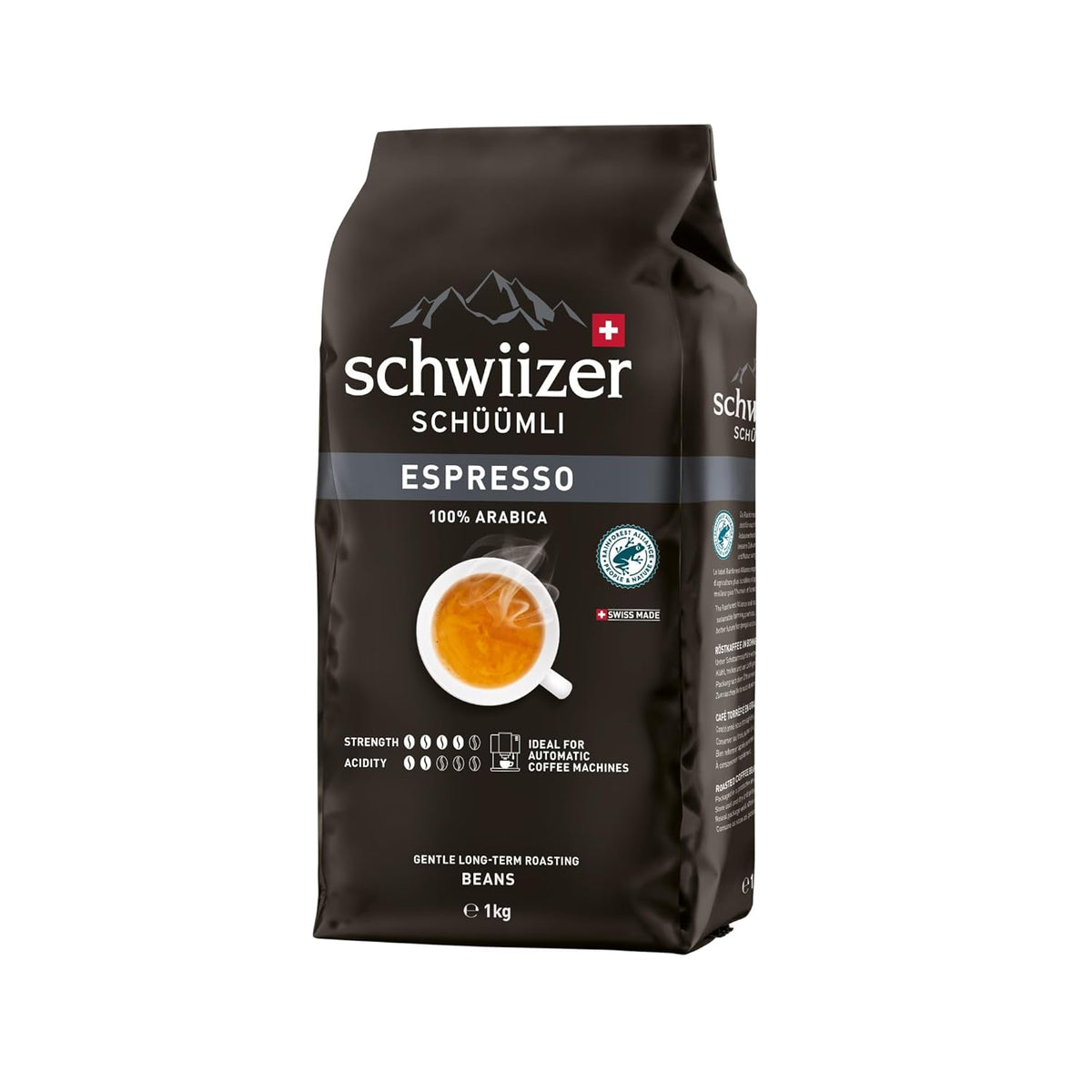 Schwiizer Schüümli Espresso, grains de café 100% Arabica, fort et intense, idéal pour machines à expresso automatiques, force 4/5, torréfaction moyenne, Rainforest Alliance, 1kg