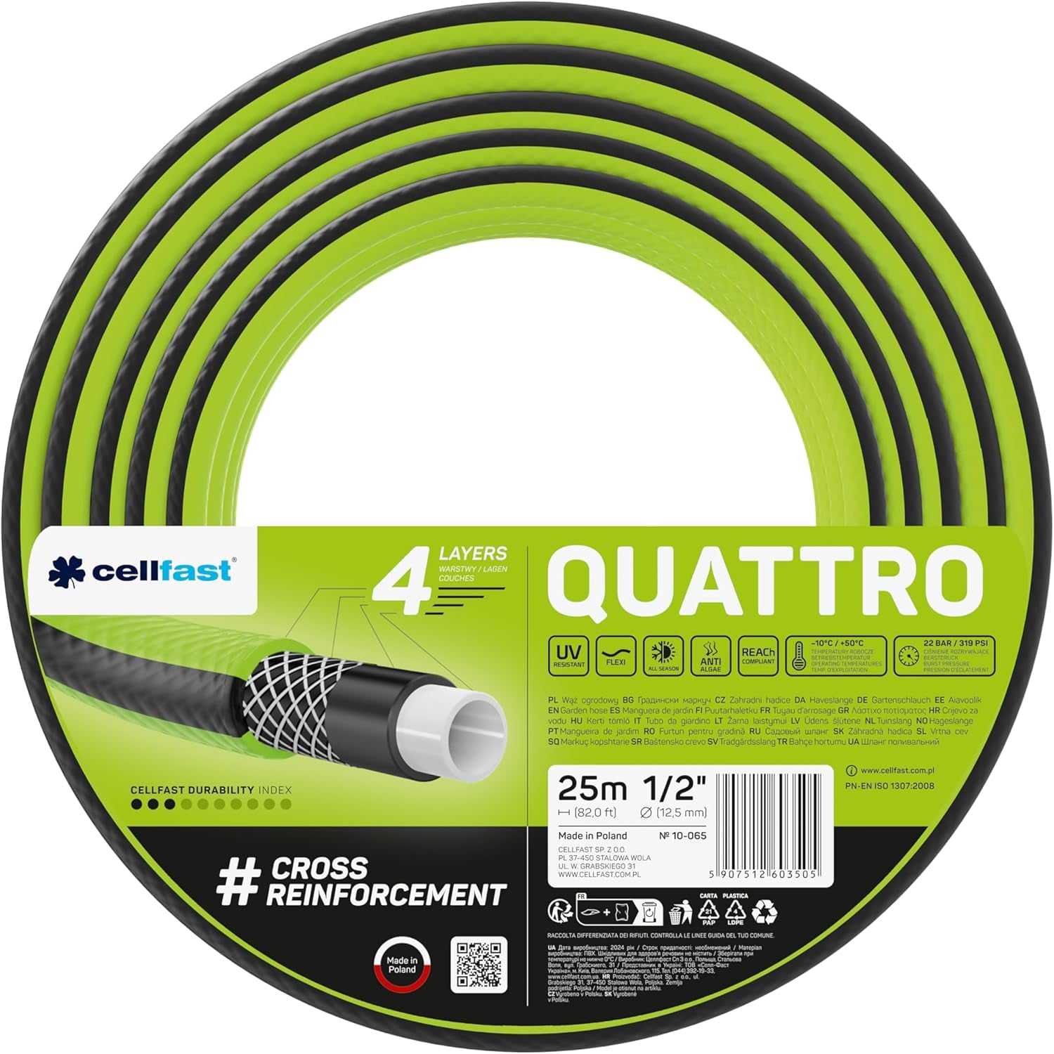 Cellfast QUATTRO Tuyau d'arrosage durable et léger, 4 plis, résistant aux UV, tresse croisée, 20 bars, 3/4" 15 m 10-074
